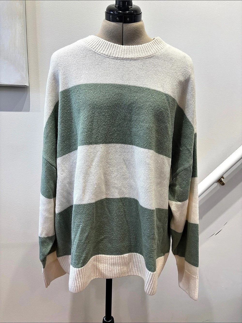 Color Block Crewneck Sweater in Green & Cream Like New